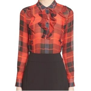 Kate Spade Blouse Sheer Plaid Ruffle Silk Size Small